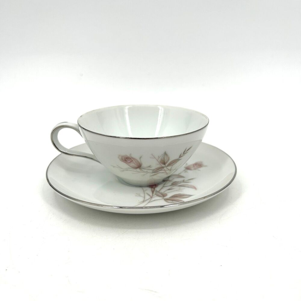 FINE CHINA JAPAN Vintage Laura Teacup Saucer Plate White Floral Platinum Trim